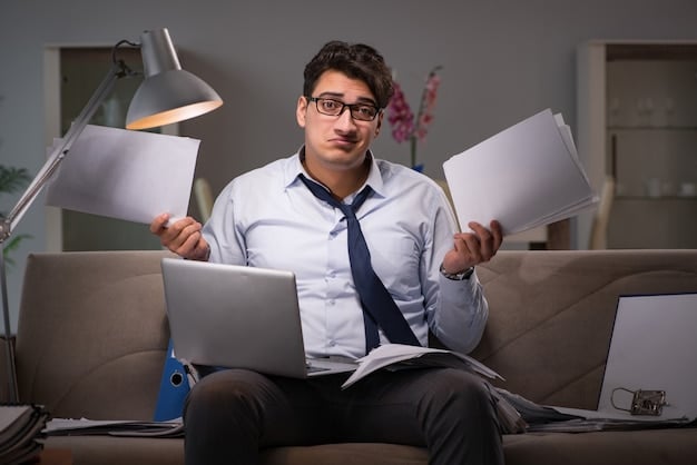 An image depicting a frustrated Mexican entrepreneur surrounded by financial documents, receipts, and a laptop displaying complex spreadsheets, symbolizing the challenges of managing finances for a startup.