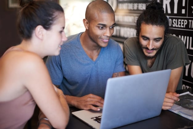 A diverse team of young professionals collaborating on a project using digital tools in a modern and eco-friendly office. They are discussing ideas and pointing at a screen, showing innovation and teamwork. Plants and natural light contribute to a sustainable and healthy work environment.