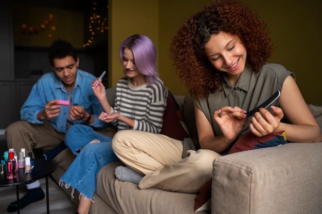 A group of diverse young Mexicans browsing products on their smartphones while sitting in a modern cafe. The scene conveys a sense of connectedness, digital engagement, and the importance of mobile commerce and social media in their purchasing decisions.