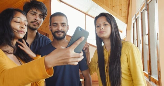 A diverse group of Mexican influencers creating content for social media on their smartphones and cameras in a brightly lit studio. The image highlights the growing importance of influencer marketing and content creation in the Mexican digital marketing landscape.