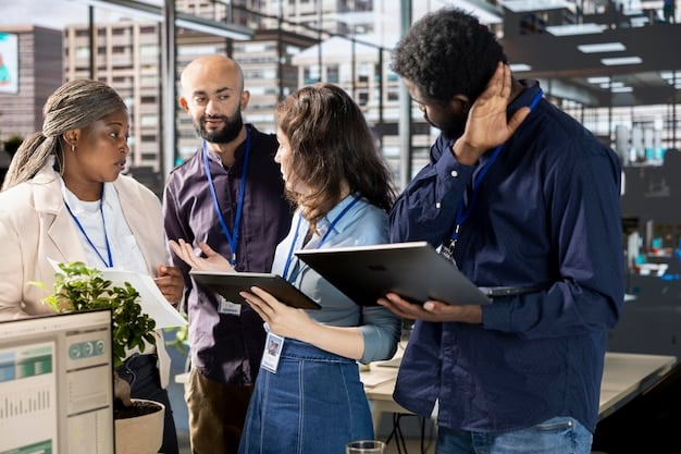 A diverse group of employees at a Mexican factory participating in a quality control training session. They are engaged in hands-on activities using tools and equipment, with a focus on understanding ISO 9001 standards.