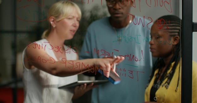 A close-up shot of a diverse team brainstorming, surrounded by sticky notes and whiteboards, symbolizing collaboration and shared vision in overcoming resistance to change. The image conveys a sense of inclusivity and open communication.