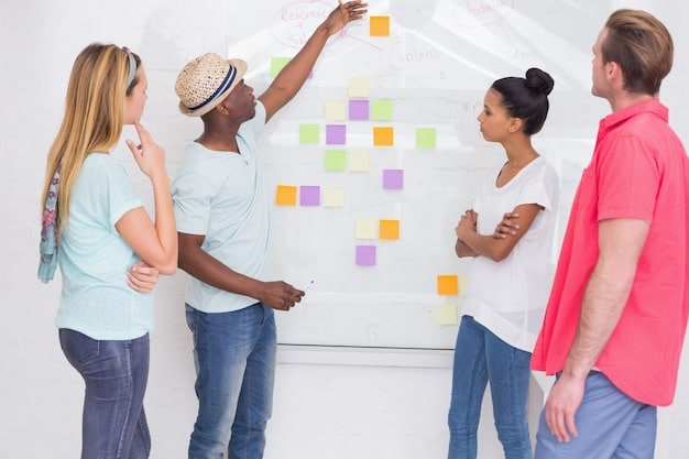A diverse group of employees engaged in a brainstorming session, using sticky notes on a whiteboard, to visually represent improved collaboration and communication within the company.