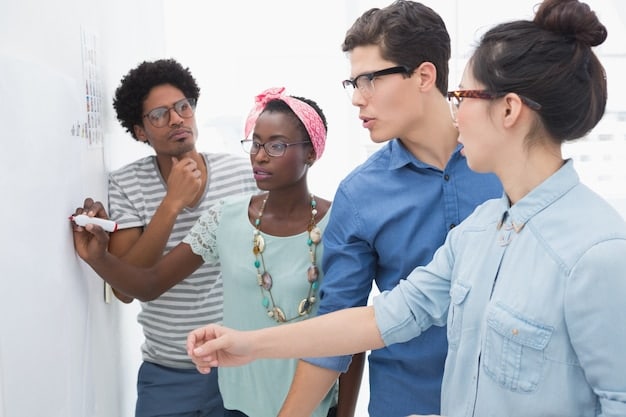 A visual representation of a brainstorming session with diverse individuals collaborating around a whiteboard filled with ideas and sketches. The atmosphere is energetic and collaborative, highlighting the generation of new concepts.