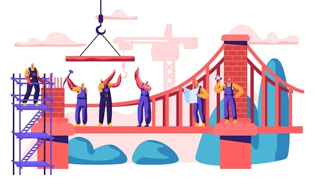A visual metaphor of a bridge being built by a team of diverse individuals from different backgrounds, each carrying a piece of the bridge, symbolizing collaborative effort and the bridging of different perspectives to achieve a common goal.