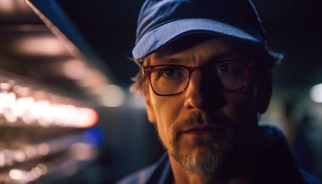 A close-up shot of an employee wearing safety glasses and gloves, carefully operating a machine in a manufacturing plant. The lighting is focused on the employee's face and hands, highlighting their attention to safety protocols.