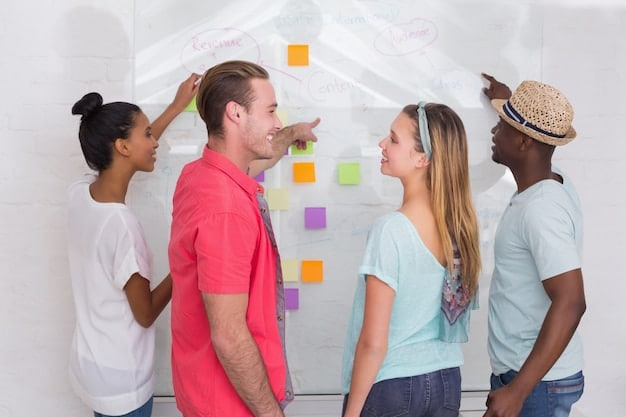 A brainstorming session in a Mexican company, with employees of different backgrounds contributing ideas and collaborating on a whiteboard filled with innovative concepts.