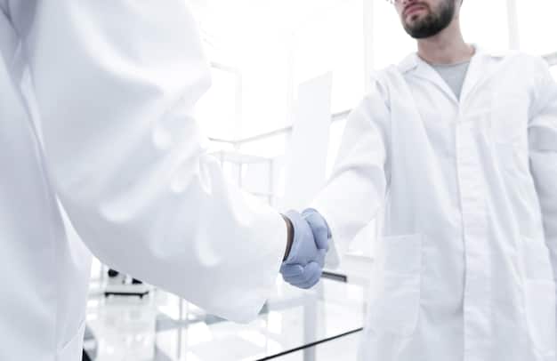 A businessman shaking hands with a scientist, symbolizing a licensing agreement for a patented technology, with a background of lab equipments.