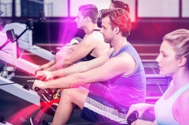 A brightly lit modern gym with state-of-the-art equipment. Several people are working out, using treadmills and weight machines. The gym is clean and well-organized, with motivational posters on the walls.