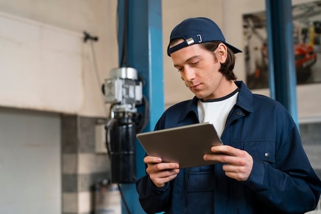 A Kavak employee in a branded uniform inspecting the engine of a used car. The employee is using a tablet to check off items on an inspection list.
