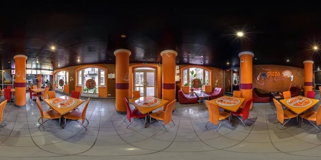 A panoramic view of a Chili's restaurant interior in Mexico, showcasing a lively atmosphere with families and friends enjoying their meals. The scene captures the restaurant's welcoming and casual ambiance.