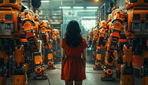 A futuristic scene depicting a smart factory in Mexico, with robots working alongside humans, all connected through a digital network. The image emphasizes the technological advancements and efficiency gains achieved through Softtek's solutions in the manufacturing sector.