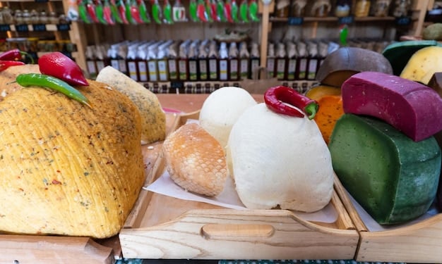 A close-up shot of a variety of Gruma products (Maseca flour, Mission tortillas, etc.) displayed on a supermarket shelf, highlighting their diverse product line.