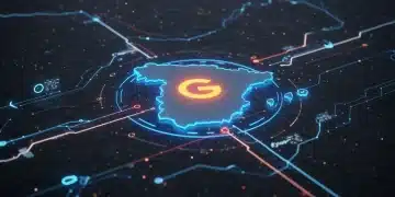 Paisaje digital futurista con el logo de Google y un mapa estilizado de España, representando el impacto del nuevo algoritmo de Google de 2025 en el SEO español.