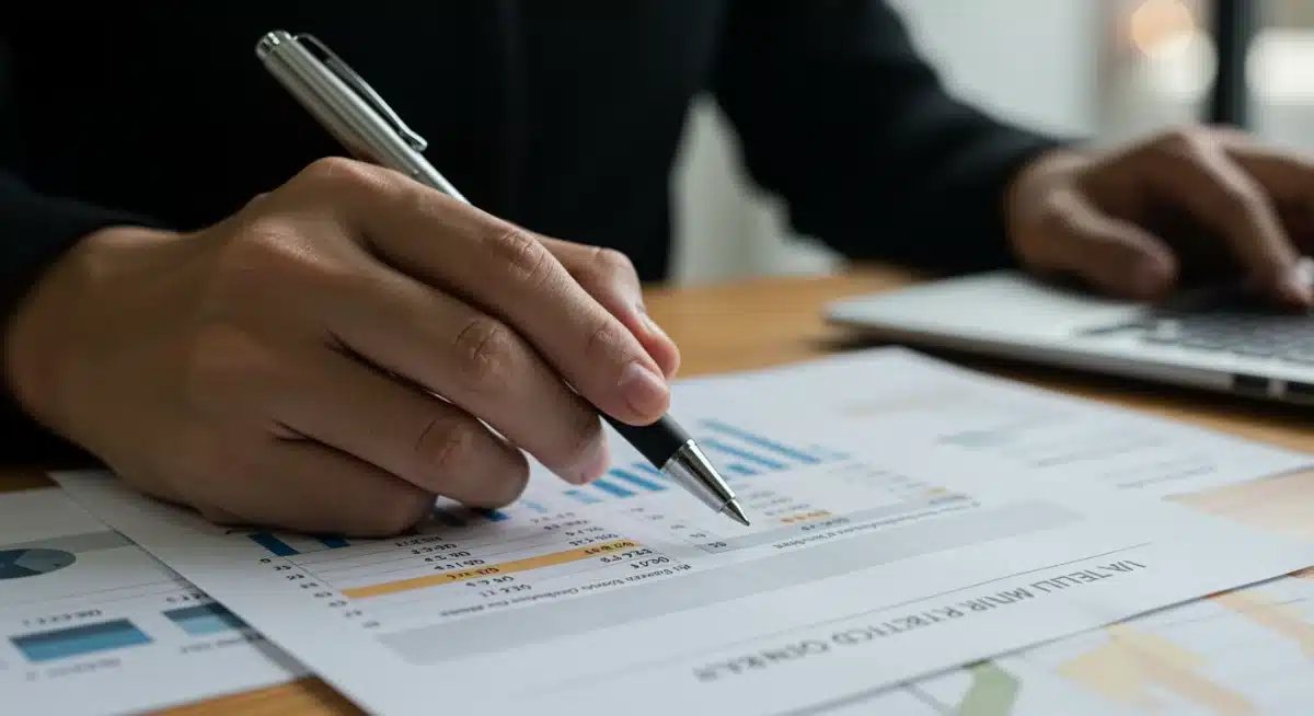 Mano señalando deducciones fiscales en un documento financiero para startups.