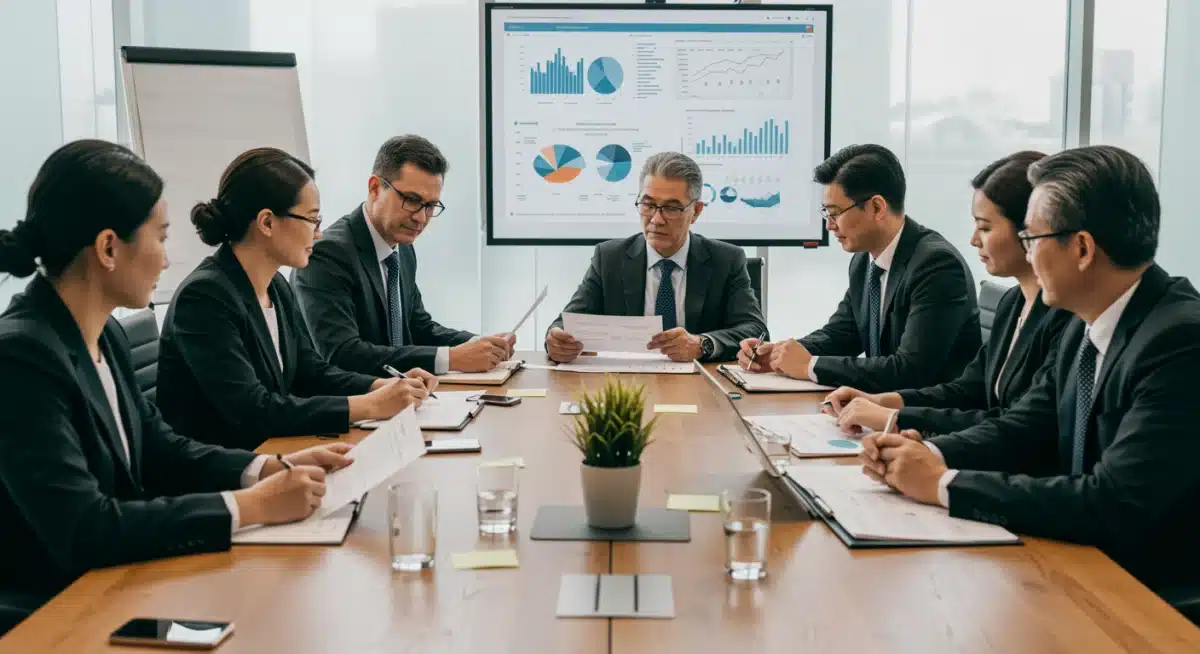 Profesionales y miembros de la familia en una reunión de planificación estratégica de sucesión.