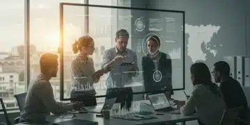 Profesionales analizando datos en una pantalla interactiva, con gráficos de crecimiento y un mapa de España de fondo, simbolizando la toma de decisiones estratégicas para el mercado español.