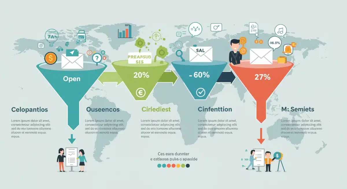 Infografía del embudo de conversión en email marketing, mostrando los pasos desde la apertura hasta la compra con métricas clave.