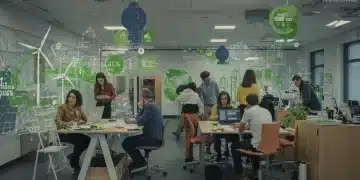 Emprendedores colaborando en un proyecto sostenible en España, con elementos de energía renovable y economía circular