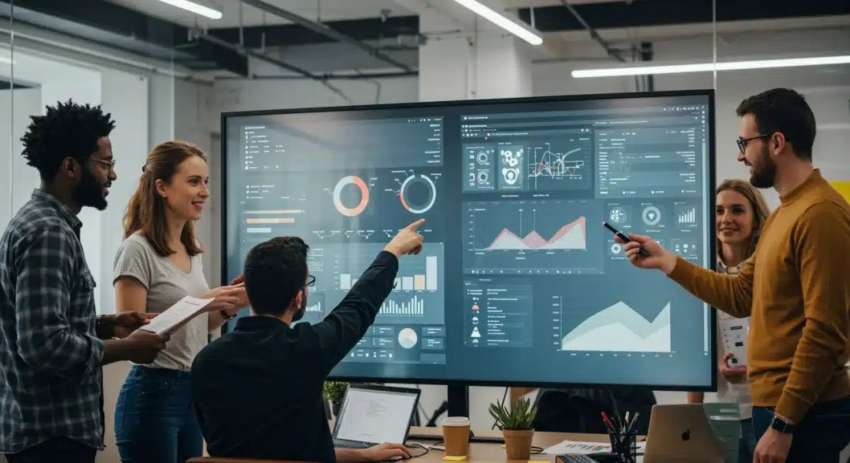 Equipo de marketing digital analizando métricas de redes sociales y planificando estrategias futuras.