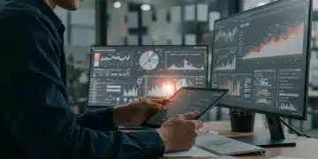 Especialista en marketing digital analizando datos complejos en múltiples pantallas para optimizar estrategias.