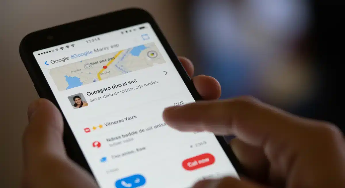 Pantalla de smartphone mostrando un resultado de búsqueda local en Google Maps, destacando la información de un negocio.