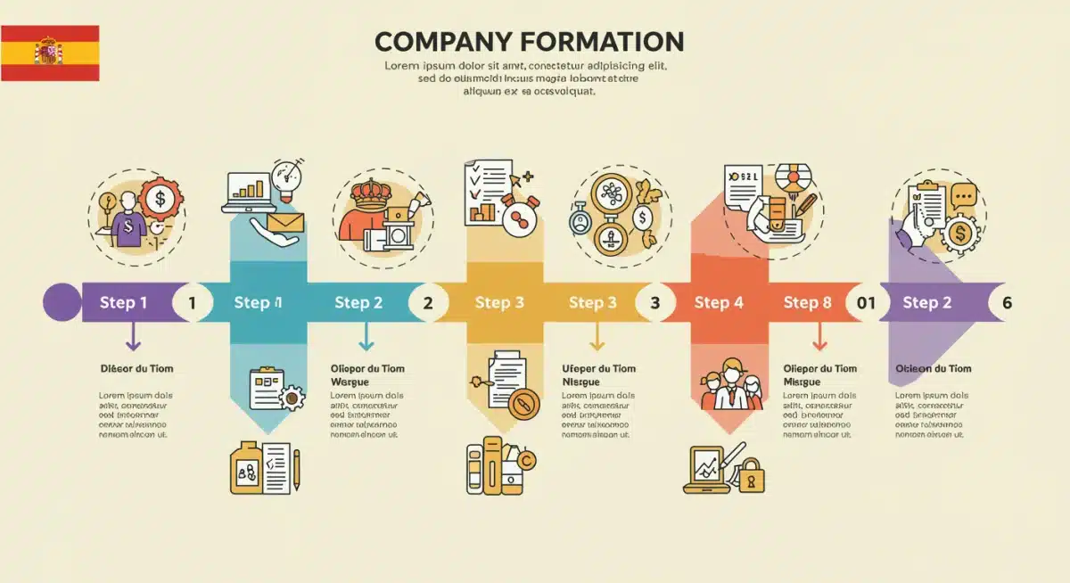 Infografía detallada de la línea de tiempo para la constitución de una empresa en España, con hitos legales y financieros.