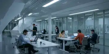 Oficina moderna en España con empleados colaborando en herramientas digitales, simbolizando la transformación digital exitosa.