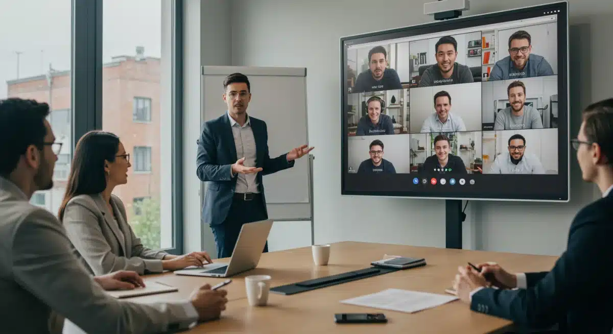 Líder de equipo dirigiendo una reunión virtual con participantes remotos y presenciales.