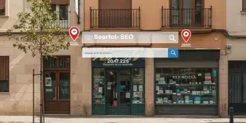Fachada de negocio español con señalización digital y mapa de localización, representando el SEO local en España para 2025.