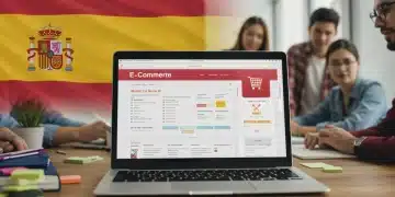 Pantalla de ordenador mostrando una tienda online de éxito y equipo de startup celebrando el crecimiento del 150%.