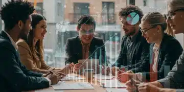 Emprendedores colaborando con gráficos digitales y arquitectura española de fondo, simbolizando la nueva Ley de Startups 2025.