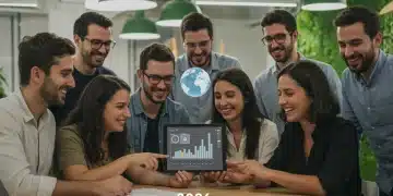 Emprendedores sociales españoles colaborando en un espacio moderno con gráficos de impacto y sostenibilidad.