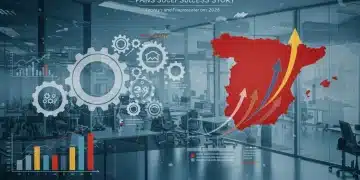 Ilustración digital de una empresa española en 2026, con engranajes interconectados que representan la gestión estratégica y gráficos de optimización de costes, junto a un mapa de España con flechas de expansión.