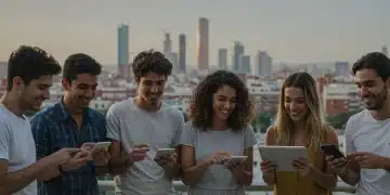 Influencers españoles colaborando en una campaña de marketing digital en un entorno urbano moderno.