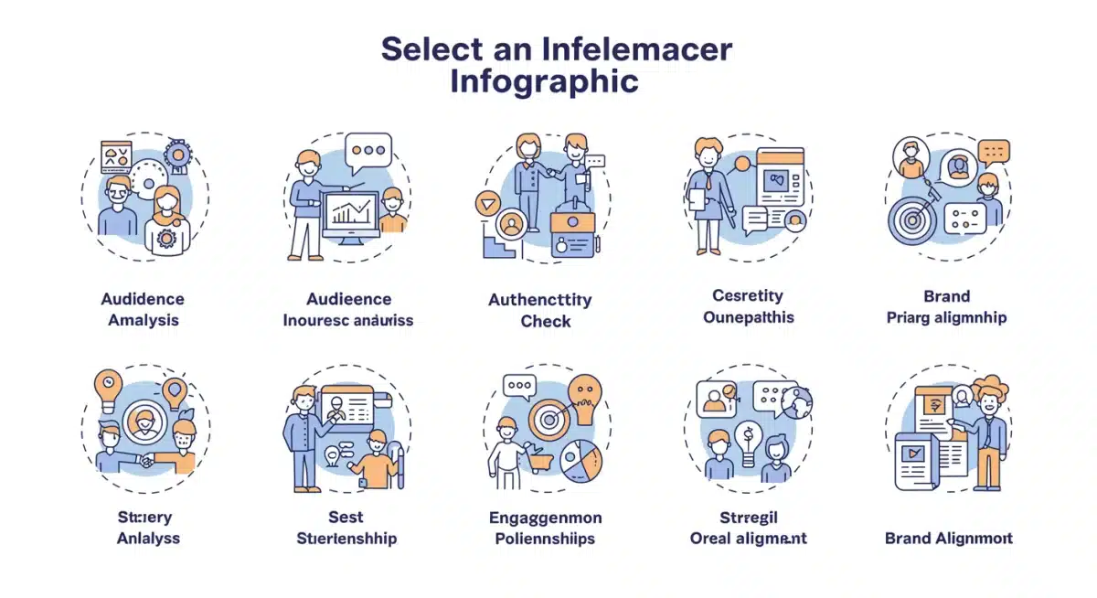 Infografía detallada sobre el proceso de selección de influencers, destacando análisis de audiencia y métricas clave.