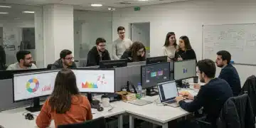 Oficina moderna con equipo diverso trabajando en estrategias de marketing digital en España para 2026.