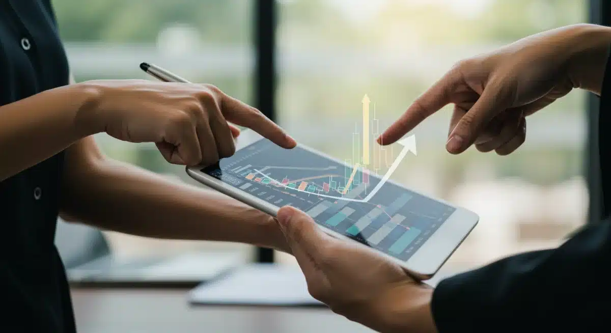 Mano sosteniendo una tablet con informe financiero y flechas ascendentes, simbolizando la planificación de inversión.