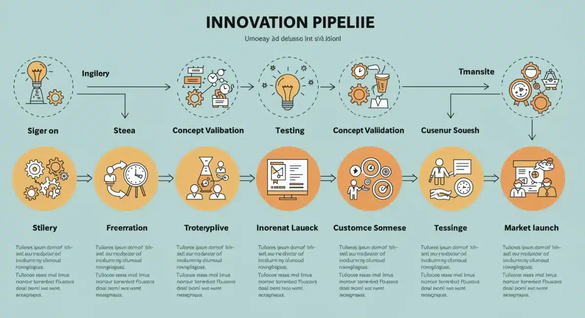 Infografía del proceso de innovación y desarrollo de productos, desde la idea hasta el lanzamiento al mercado.