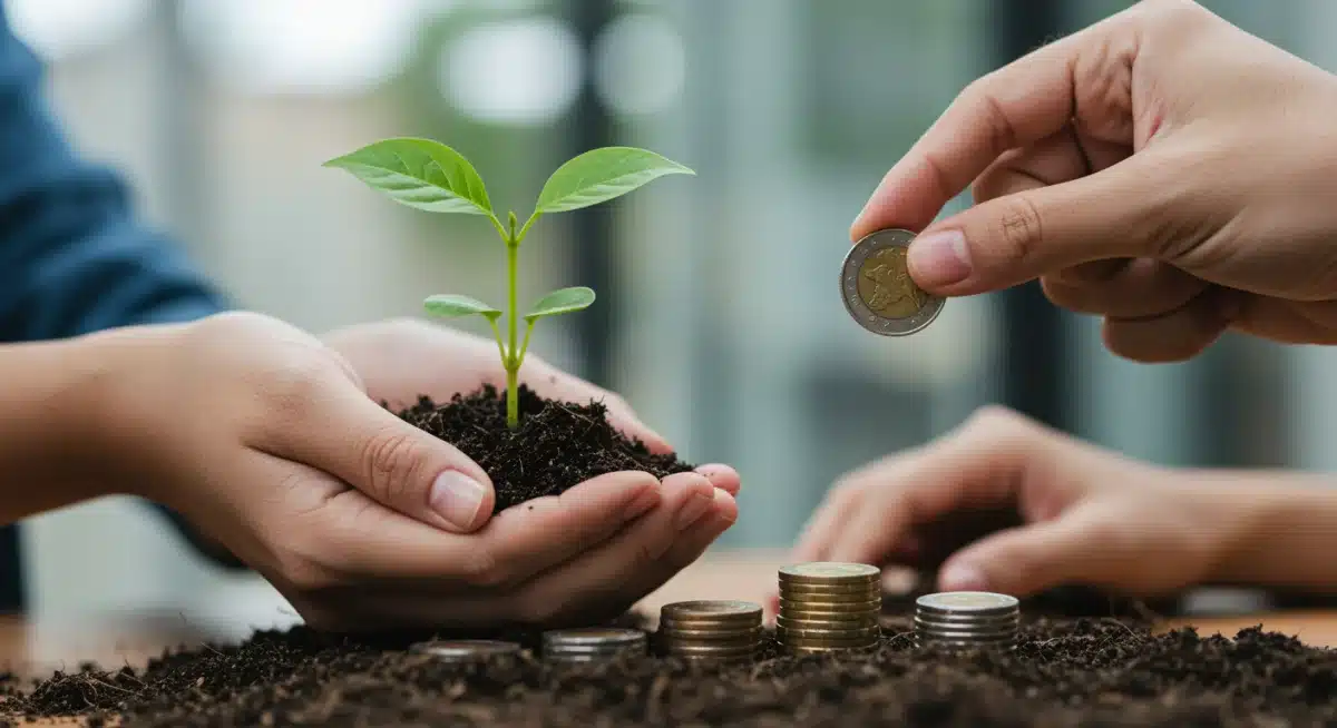 Manos sosteniendo una planta y una moneda, simbolizando la sostenibilidad económica y ambiental del emprendimiento social.