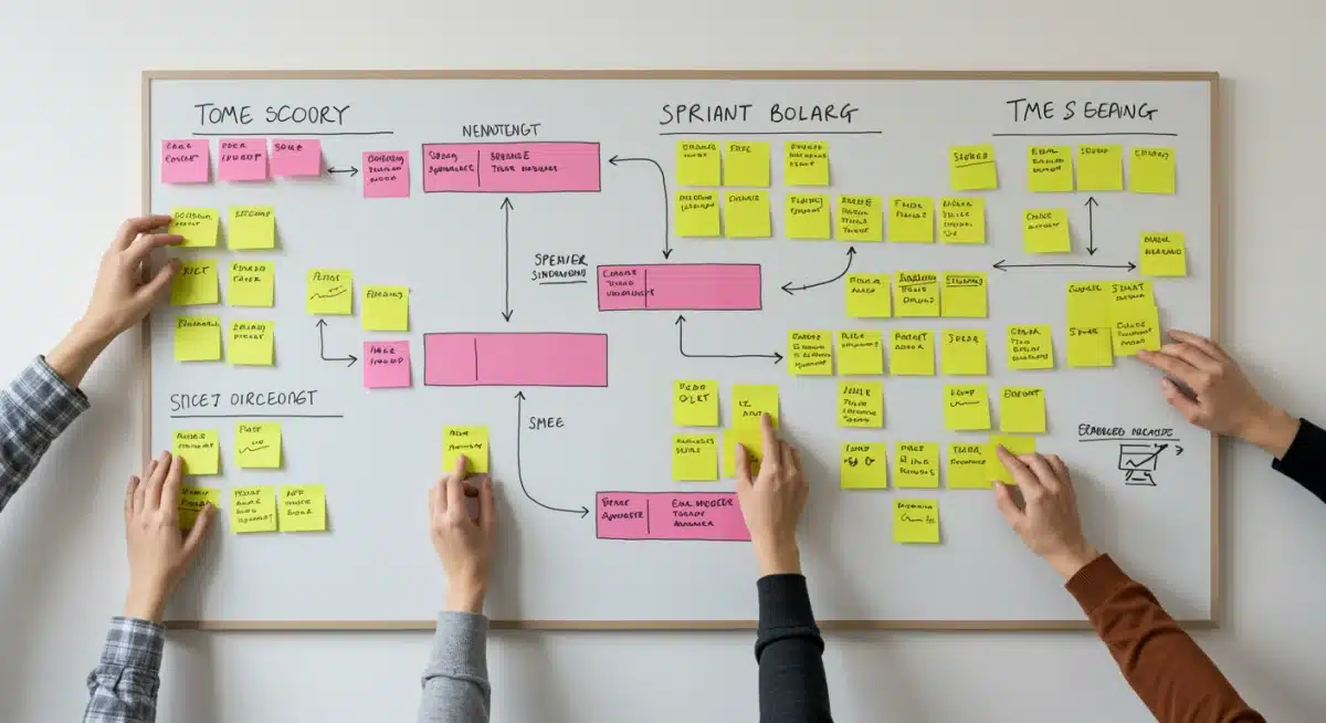 Tablero Kanban o scrum con tareas organizadas y manos moviendo notas, representando un proceso ágil.