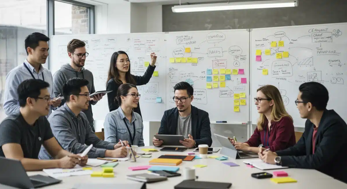 Equipo multidisciplinar de emprendedores y corporativos colaborando activamente en un taller de co-creación, utilizando herramientas interactivas para el desarrollo de ideas innovadoras.