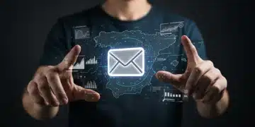 Icono futurista de email con elementos de IA y automatización, sobre un mapa de España, simbolizando el email marketing de 2026.
