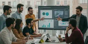 Emprendedores españoles colaborando en un espacio de coworking moderno con una misión empresarial clara en 2026.