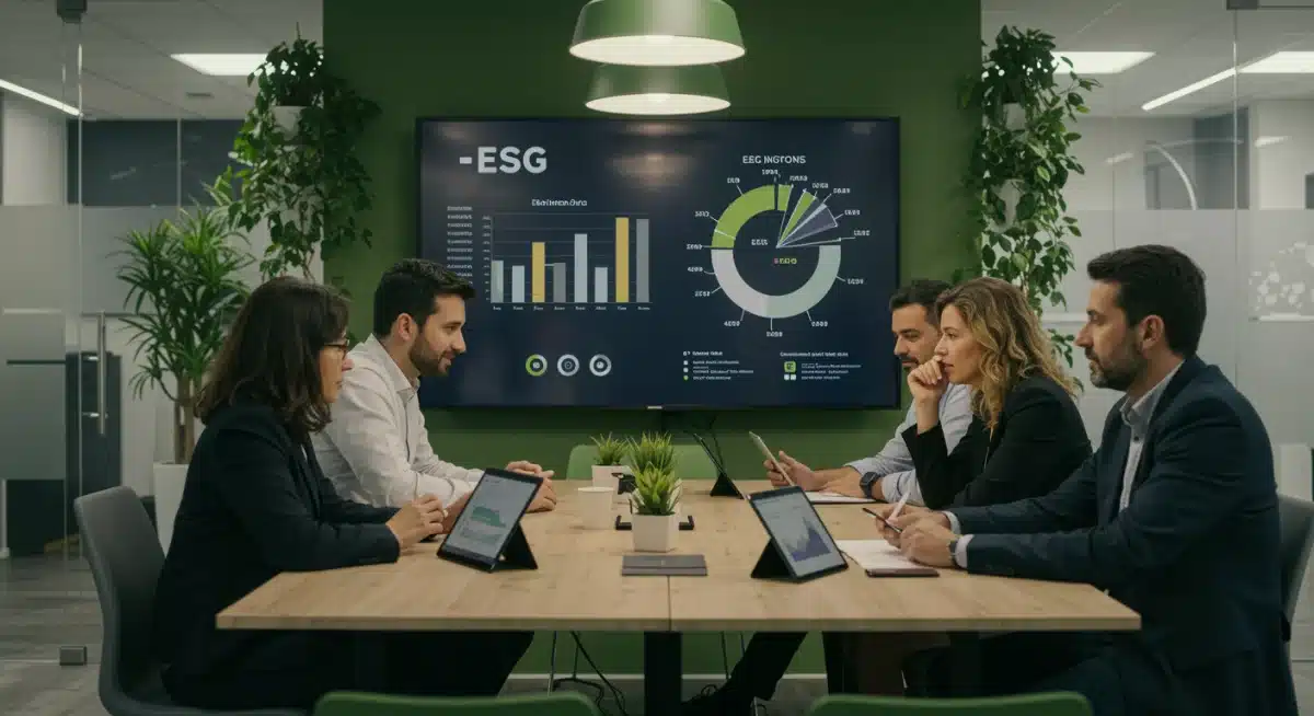 Profesionales discutiendo estrategias de sostenibilidad empresarial en una oficina moderna