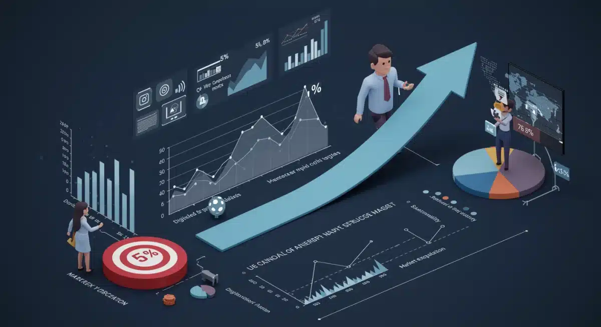 Infografía de indicadores clave de rendimiento y proyecciones de crecimiento del 5% anual.
