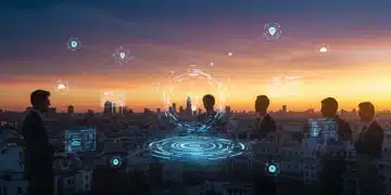 Emprendedores españoles y ejecutivos de grandes corporaciones colaborando en un entorno futurista de innovación abierta en 2026, con proyecciones holográficas de datos y redes.