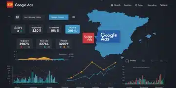 Panel de control de marketing digital con gráficos de ROI ascendente y el logo de Google Ads sobre un mapa de España, simbolizando la inversión SEM en 2026.