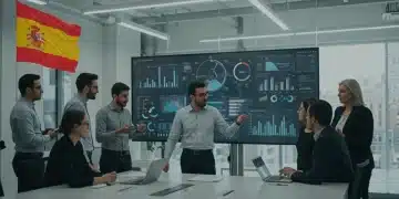 Equipo diverso en oficina moderna colaborando en España, simbolizando liderazgo adaptativo y retención de talento.