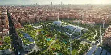 Paisaje urbano sostenible en España 2026 con edificios verdes y energía renovable